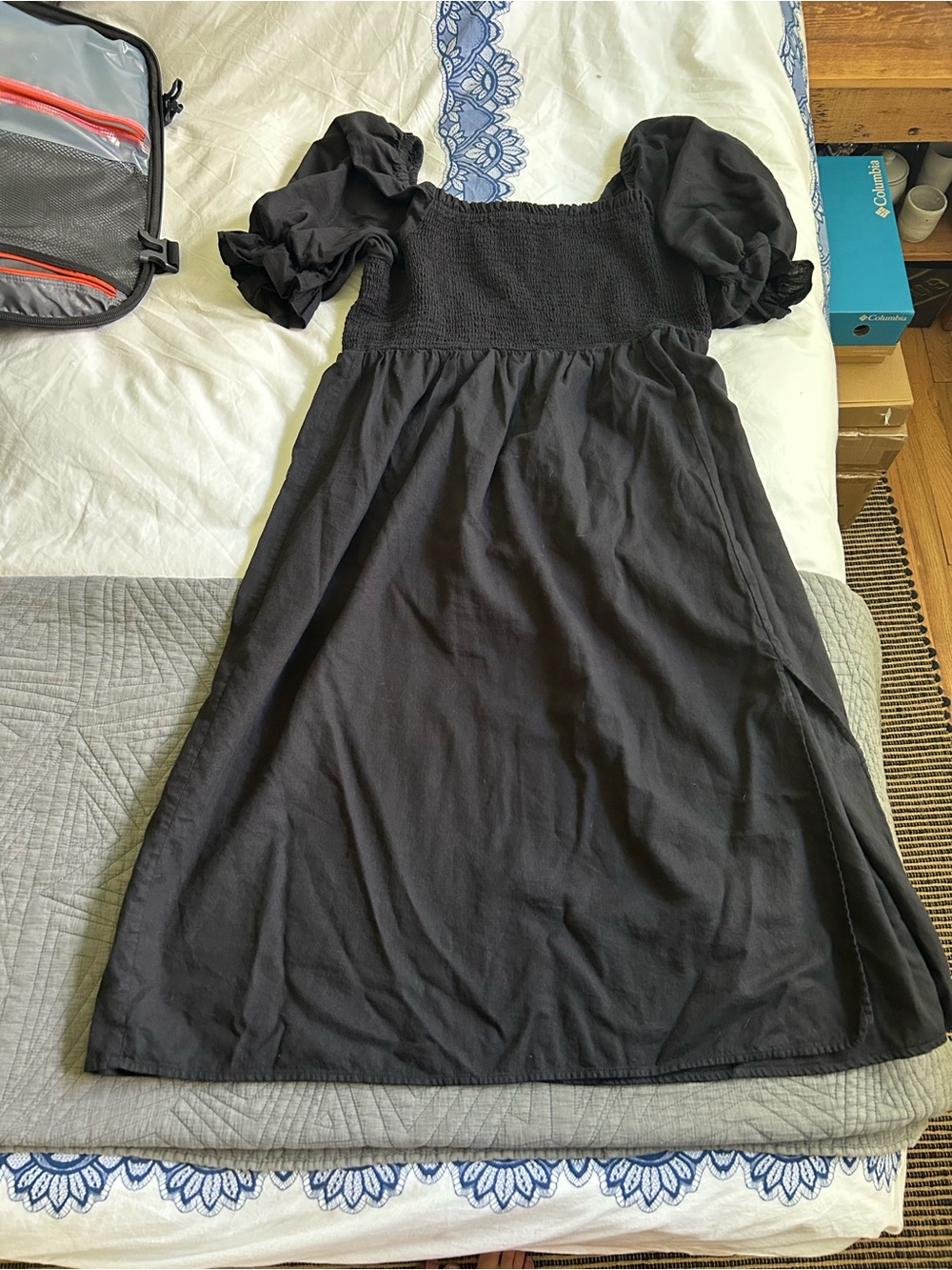 Linen Black Puff Sleeve Smocked Midi Dress